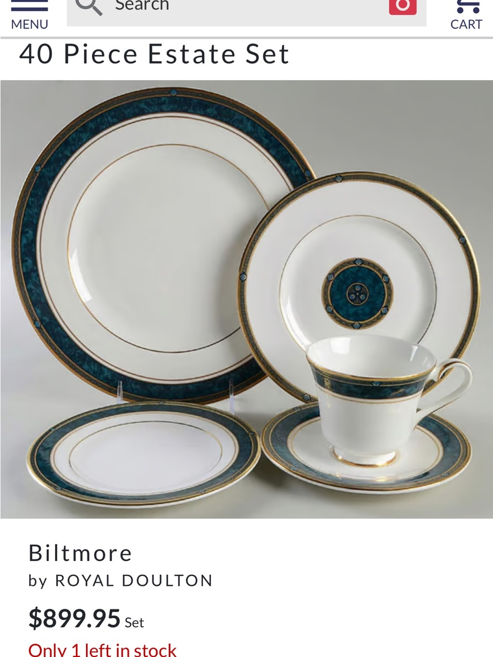 Royal Doulton Biltmore Dinnerware Set in Teal and Gold